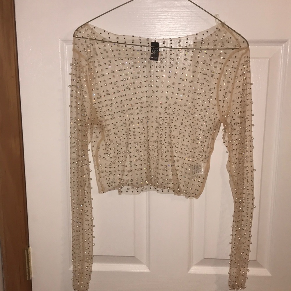 Rhinestoned and beaded shear crop top